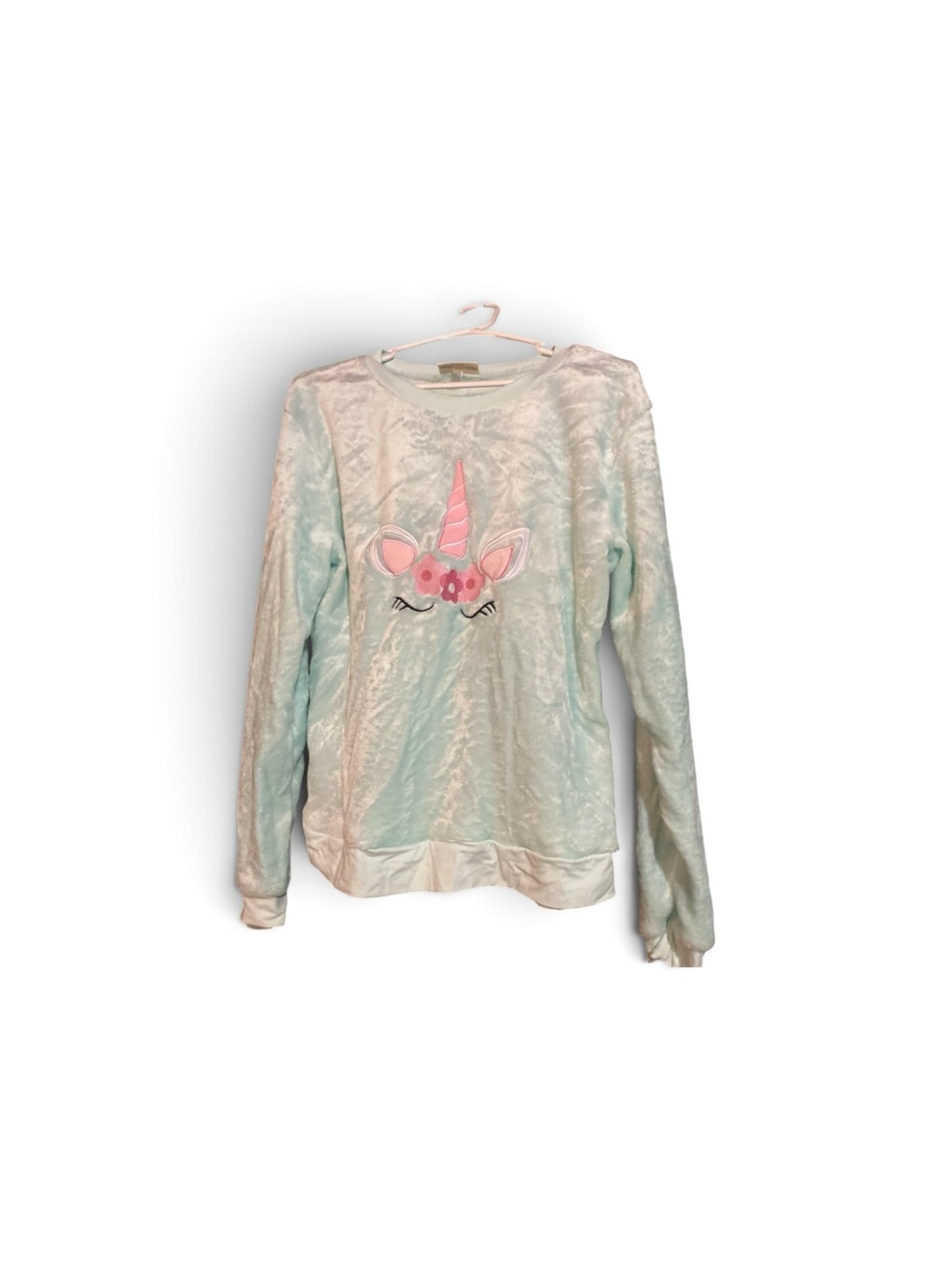 Bobbie Brooks Light Mint Plush Unicorn Crewneck with Pink Accents